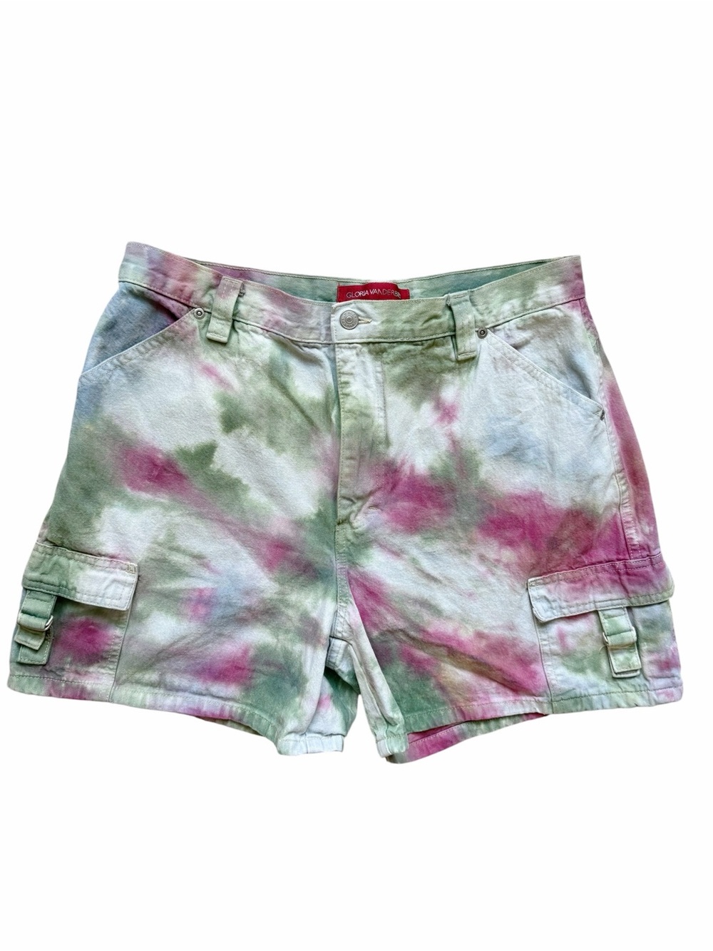 Vintage 90s Tie-Dye Cargo Shorts High Rise 5” Denim Utility 100% Cotton Size 14